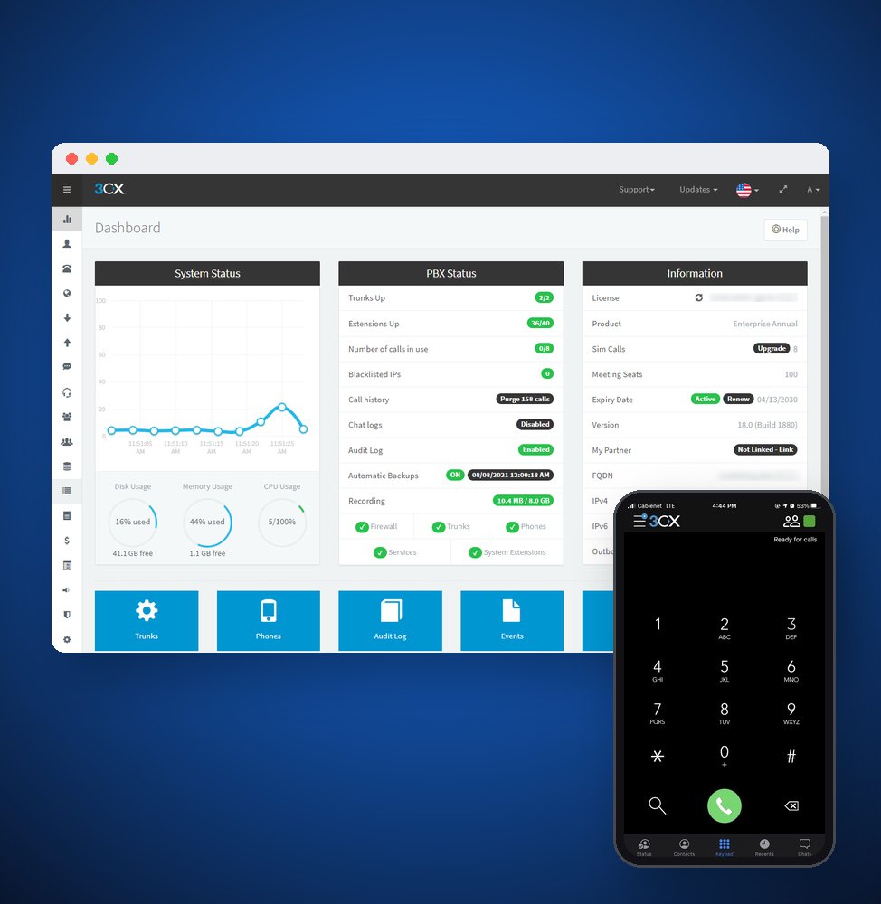 3CX VoIP management console dashboard with the iPhone app